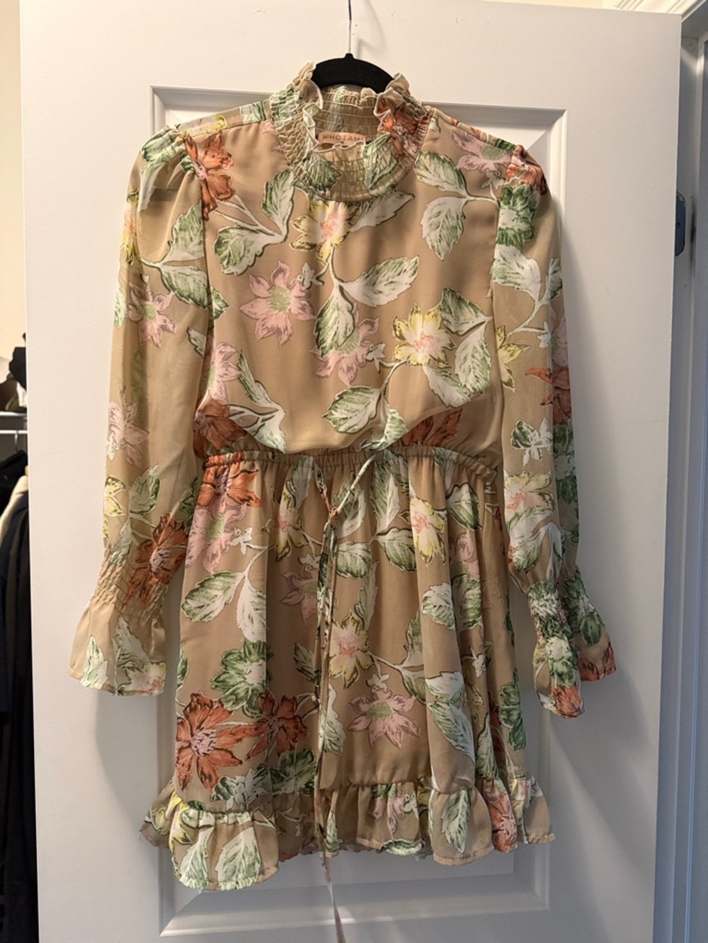 Floral Ruffle Tie-Waist Mini Dress - Beige with Pastel Florals